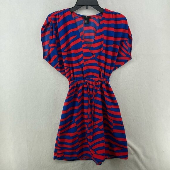 H&M Dresses & Skirts - H&M Dress Sz 2 Blue Red Striped V-Neck Drawstring Waist Kimono Sleeve Mini